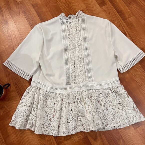 Zara Woman Lace & Crochet Peplum Blouse Ivory White Cropped Shirt Sz M Medium - Picture 3 of 10
